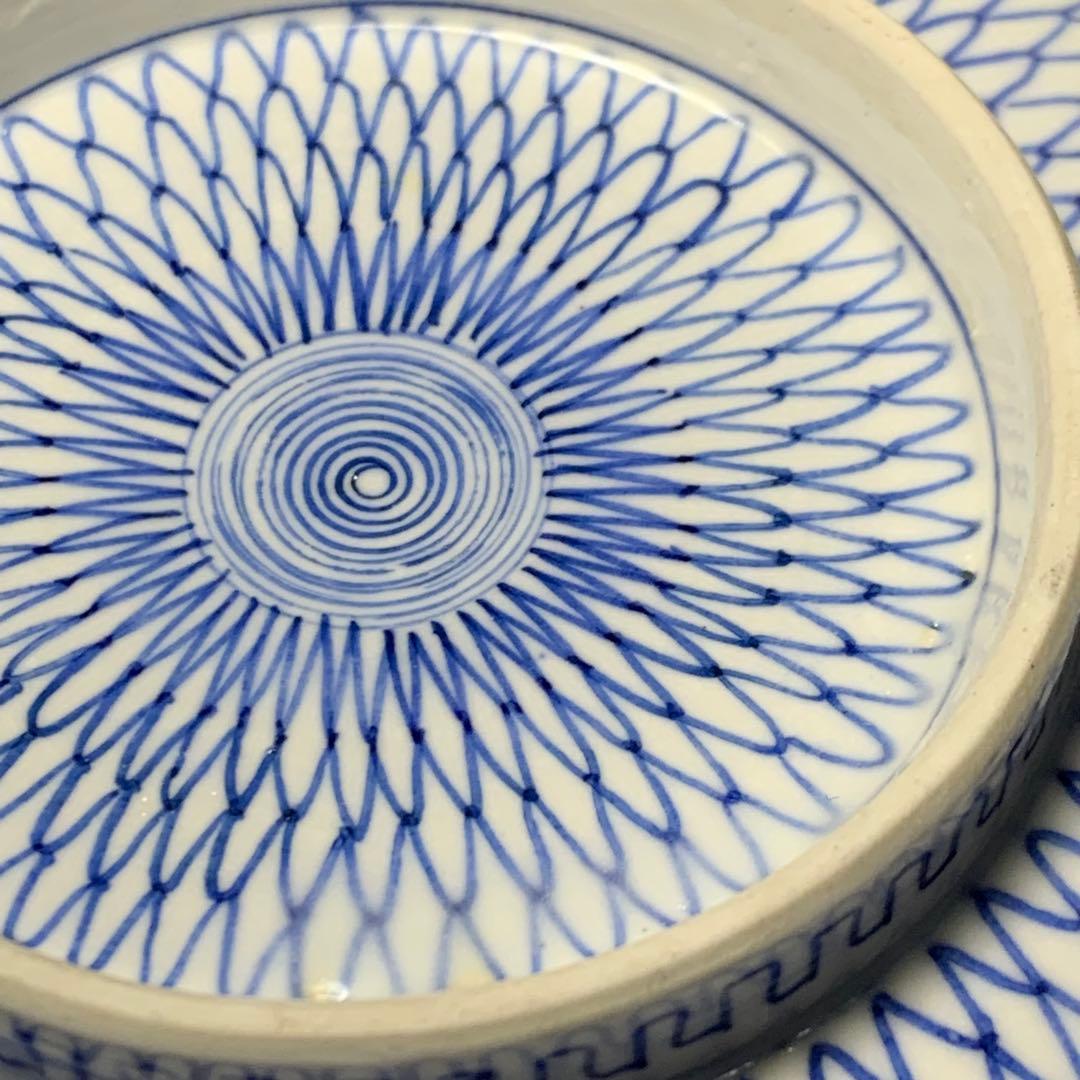 K631☆古伊万里 染付 手書き 網手 蓋もの 江戸後期