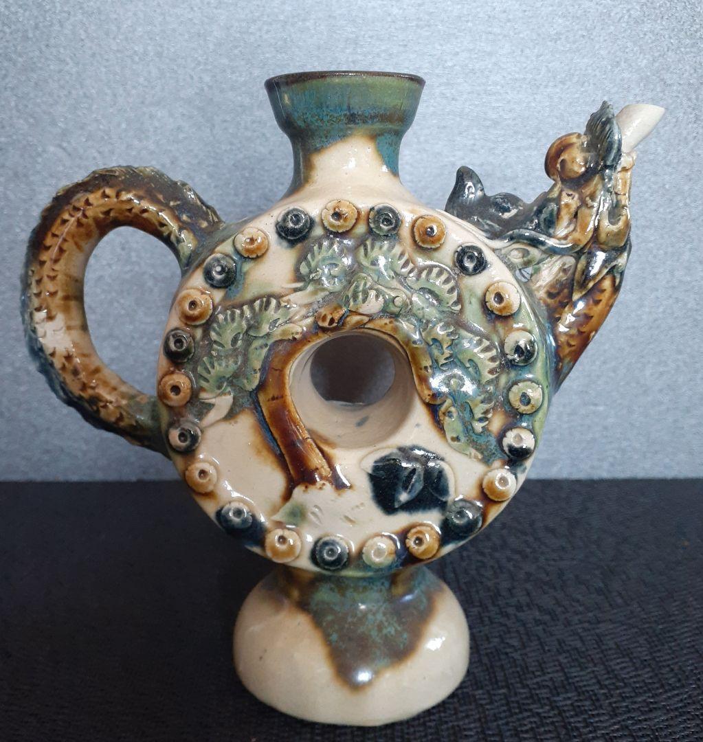 沖縄　琉球陶磁器　壺屋焼　陽刻浮彫　松竹梅文様　龍口　手付け　水注　酒次　花入れ