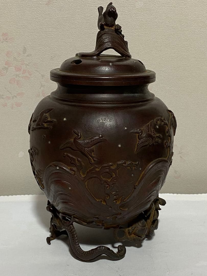 ♦蝋型細密鋳金 象嵌 波乗り兎 波千鳥文 波乗り龍足 香炉 唐金 美術品 骨董品