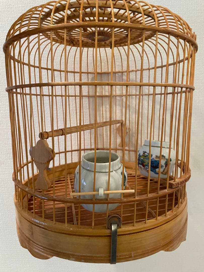 希少❗️竹製 中型鳥かご 陶器水入れ付き