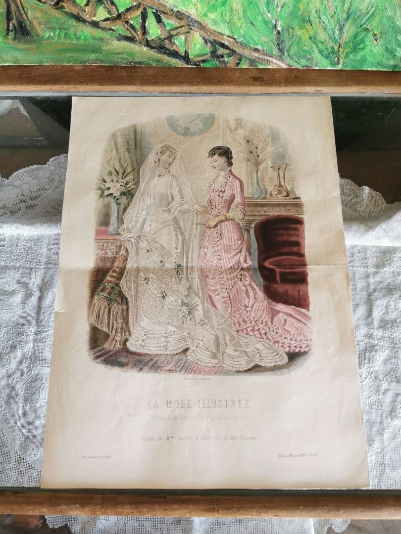 19世紀アンティーク銅版画 新婦と姉妹/友人 花実装飾ウェディングドレス 手彩色