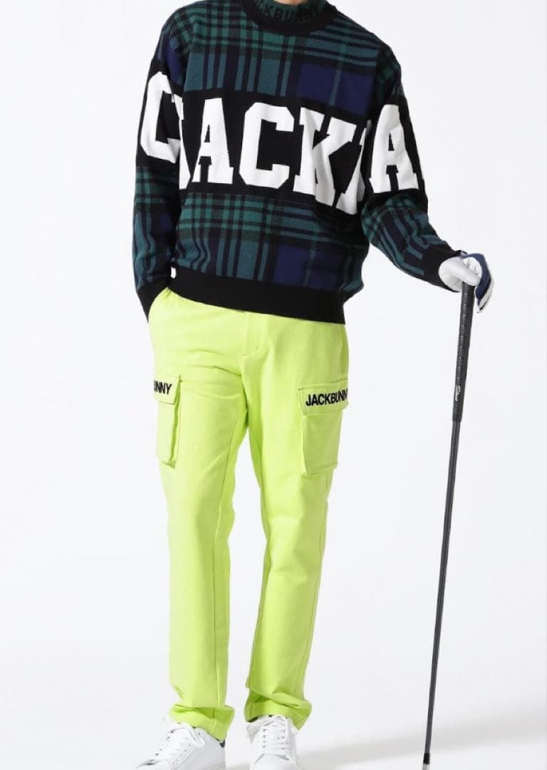 新品 パーリーゲイツ ジャックバニー チェック切替 Wジャガード ニット5L緑