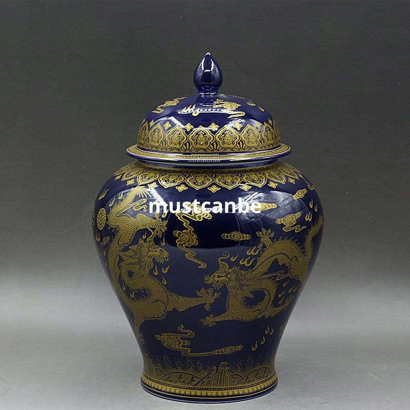 大清乾隆宝石藍蒔金竜紋将軍缶 景徳鎮 陶磁器 装飾品 現代工芸品 美術品 置物