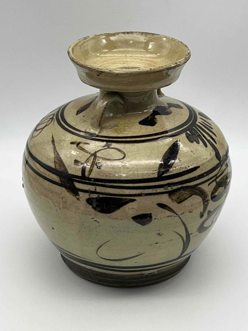 宋時代　磁州窯双耳盤口壺　茶道具　唐物　古物　時代物(E-73)