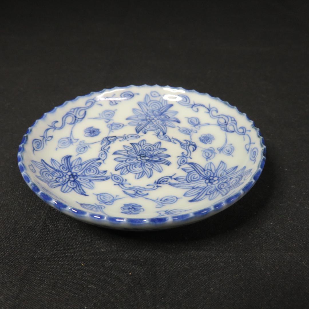 小皿 線画 明治 染付 変わり縁 銘 唐草 花 古伊万里 6枚