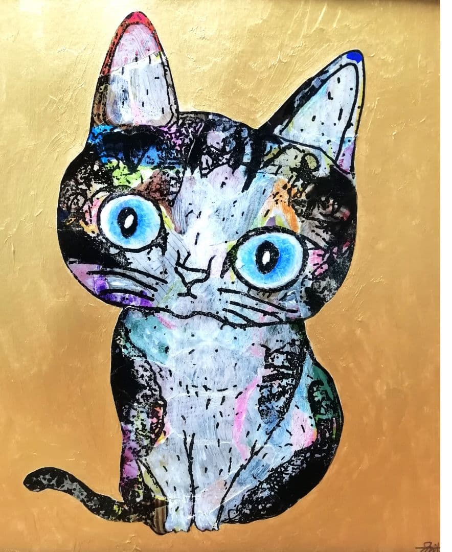 額付き銅版画応用絵画　「ひらめき猫」