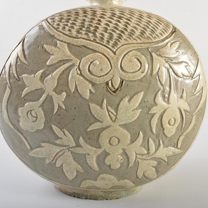 中国　磁州窯　白磁　掻落し　花文　扁壷　M　R7387F