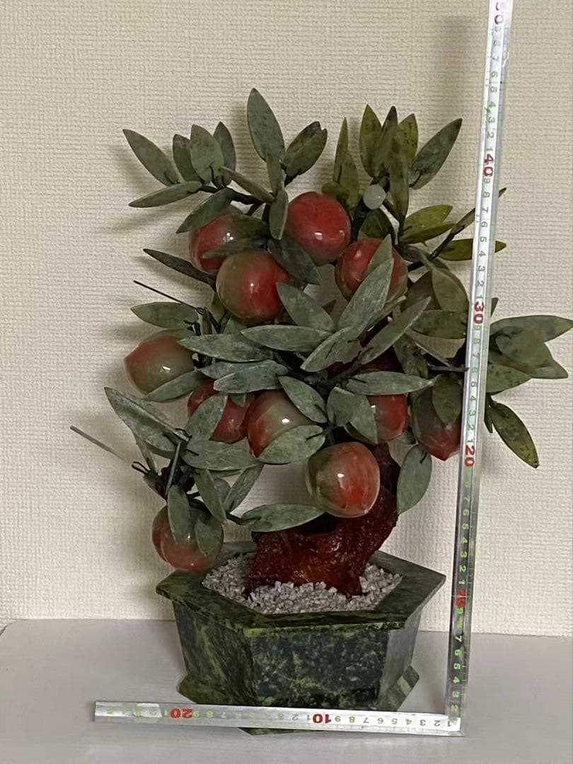 中国美術 玉石翡翠 天然石 桃の木 年代物 盆栽桃樹 玉石 置物