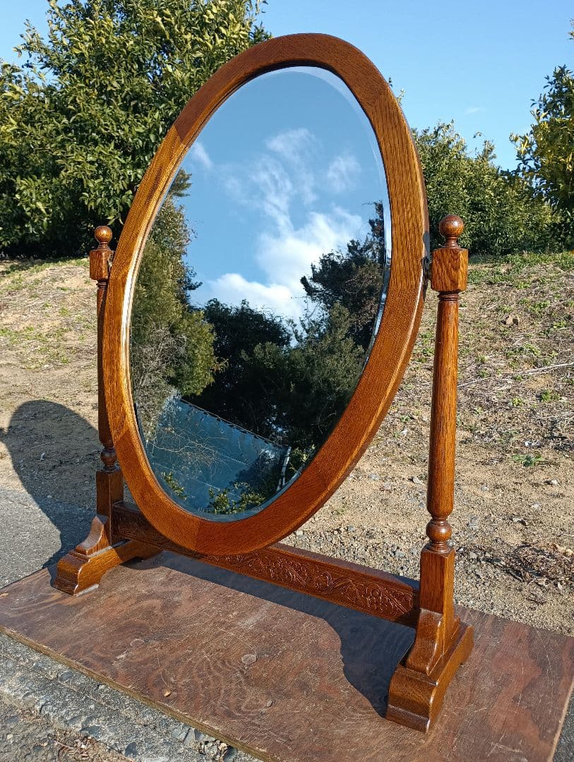 ヴィンテージ　イギリス　姿見　大型　オーバル　手彫り　オーク　スタンド　ミラー