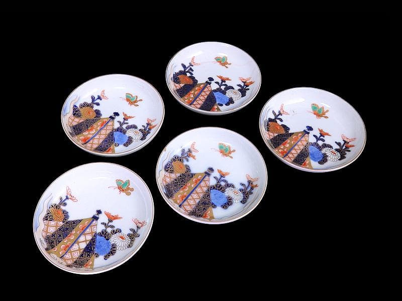 古伊万里　色絵　蝶に菊の図　４寸皿　５枚　C109AS-DAe