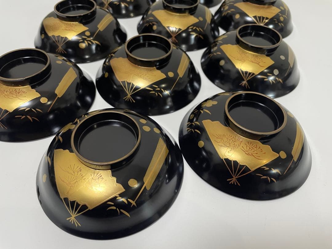 漆器 輪島塗 金蒔絵 扇柄 黒 内黒 吸物 割烹 蓋付き10客個 お煮物椀