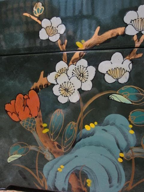 漆塗 中国美術 真鍮金具 花文様図 保管箱/宝石箱/ジュエリーケース/小物入れ