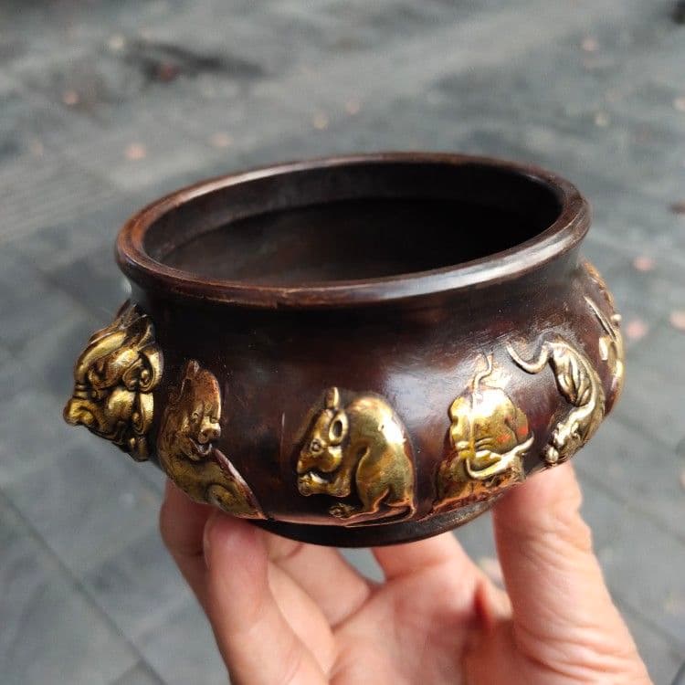 銅 細工 十二支香炉 茶道香炉 挿し香炉 仏堂香炉 装飾品 工芸品 置物