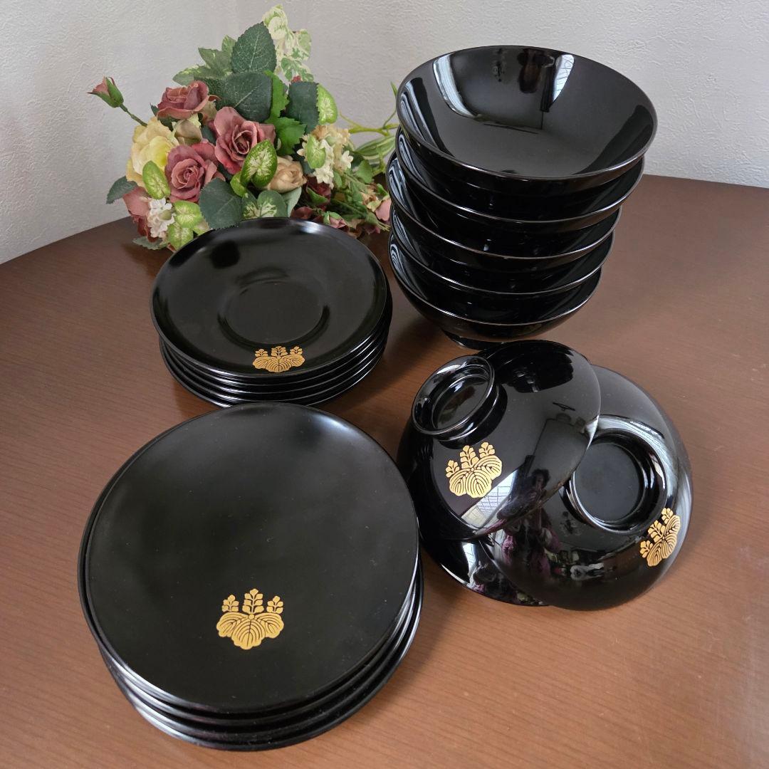 ☆家紋五三桐 輪島塗り 蓋付き椀と銘々皿と茶托の各5個セット☆