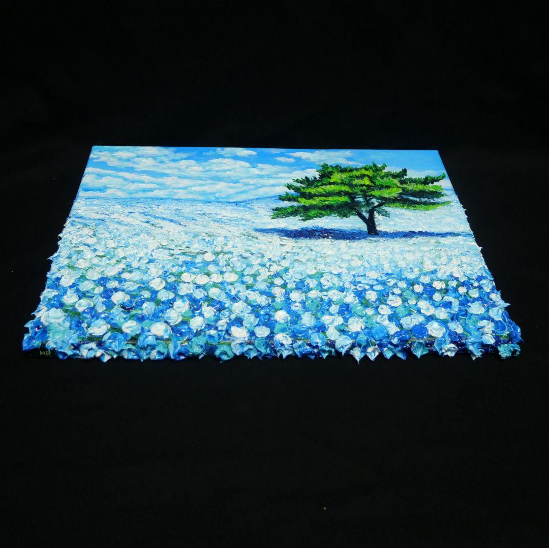 油絵 油彩 油彩画 絵 絵画 【青空のネモフィラの丘】F4号