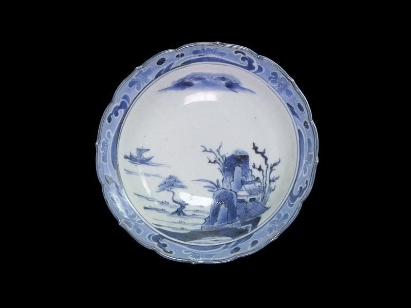 古伊万里　染付　墨弾　桜花に波　楼閣山水図　膾皿　５客　A634AS-CVz