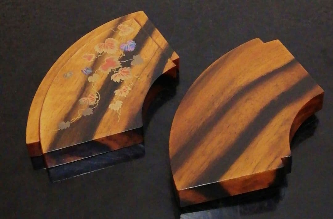 鈴木松栄三代　加州漆芸　黒柿　蔦蒔絵　扇面　香合　共布　栞付　茶道具