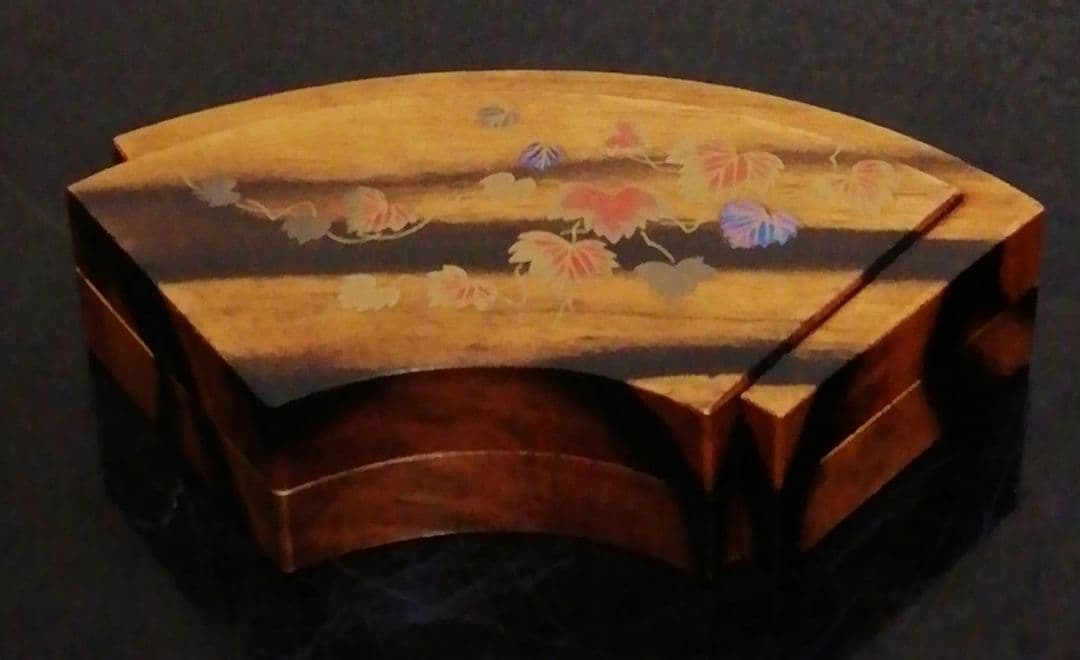 鈴木松栄三代　加州漆芸　黒柿　蔦蒔絵　扇面　香合　共布　栞付　茶道具