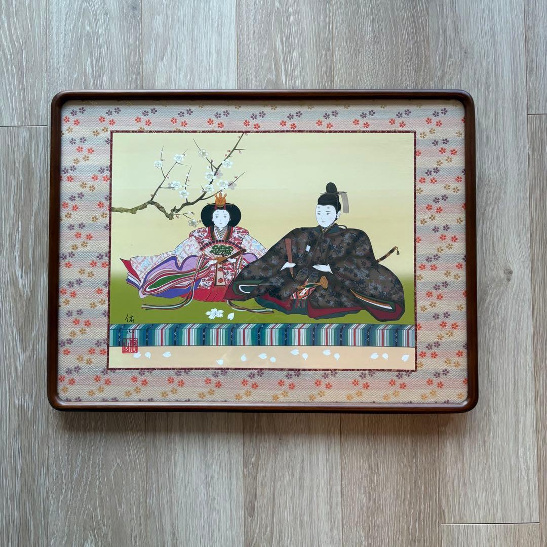 雛祭り 刺繍日本画 木製額装　約47cm x 62cm