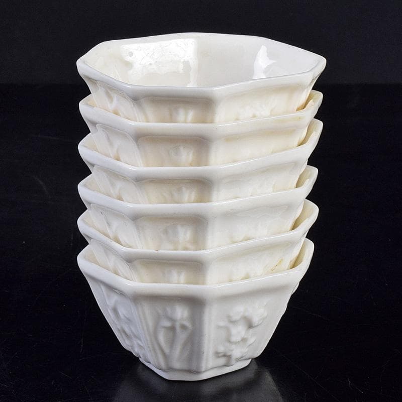 中国　徳化窯白磁　花刻　八角煎茶碗　六客　箱付　M　9027E