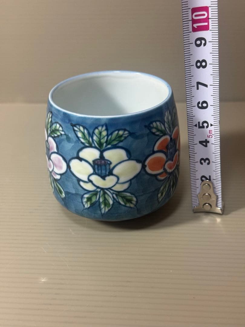 2072 源右衛門窯 染錦椿絵　皿5客　湯呑5客