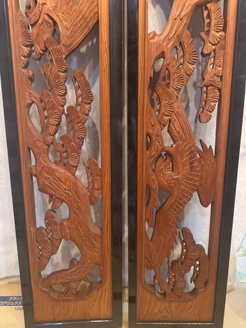 欄間 木彫り 彫刻 二枚組　松と鷲アンティーク