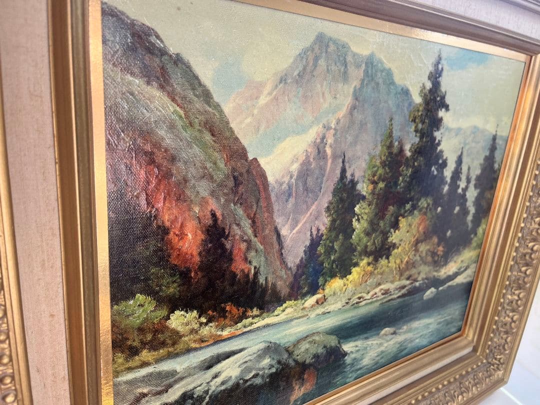 ウッド作　テトンズ川　　ワイオミングの流れ　油絵