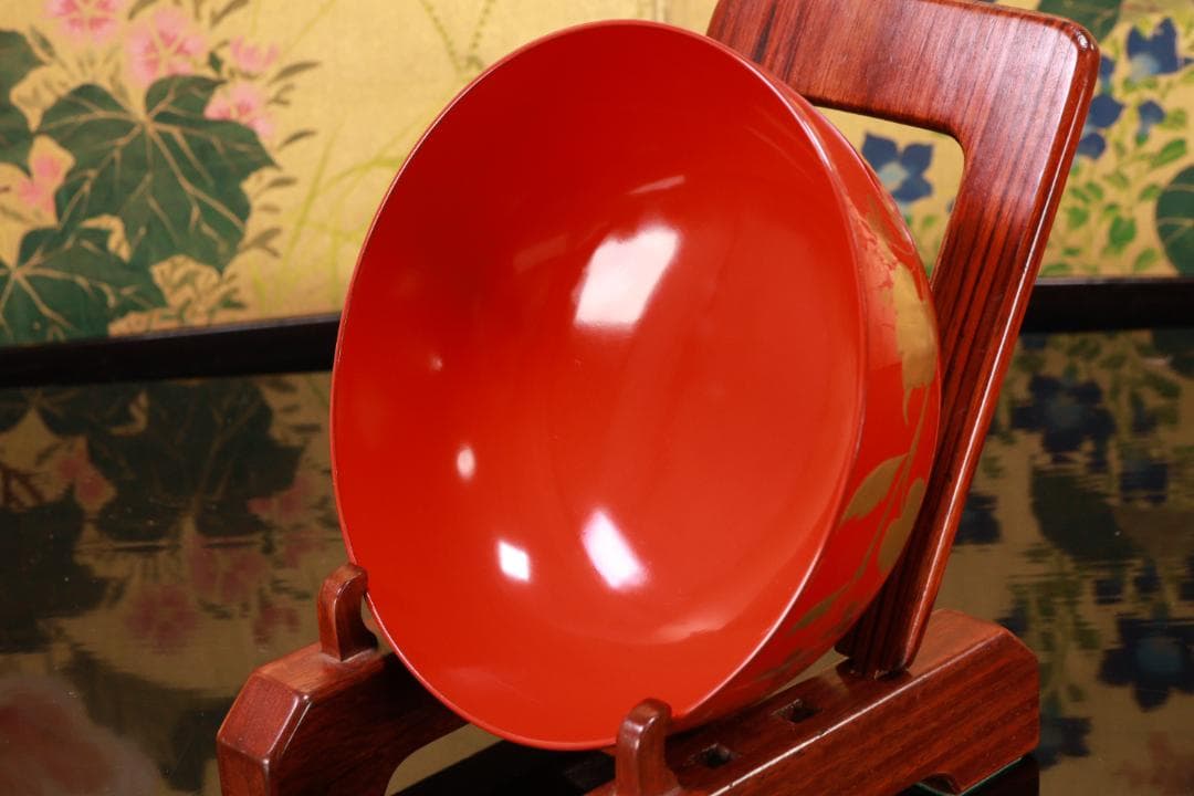 BK128　時代輪島塗　草花図金蒔絵　吸物椀　五客　木製　茶道具 懐石 菓子