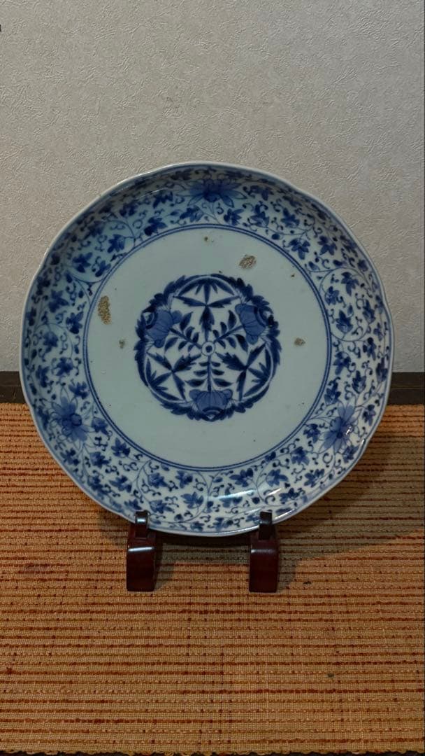 古伊万里　元禄　染付花唐草文　藍柿右衛門手　 七寸皿　古美術　骨董