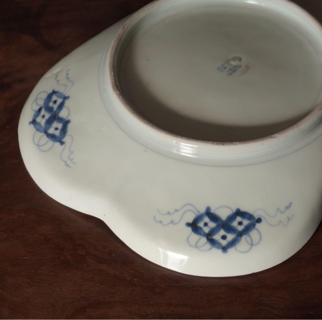 送料無料　江戸時代　後期　古伊万里　染付　山水図　軍配形　大皿　飾皿　希少作品