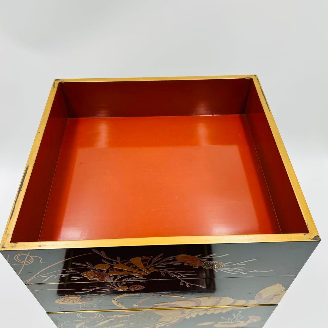 【海老海鮮尽くし蒔絵重箱　段重　お節料理】骨董　アンティーク　インテリア