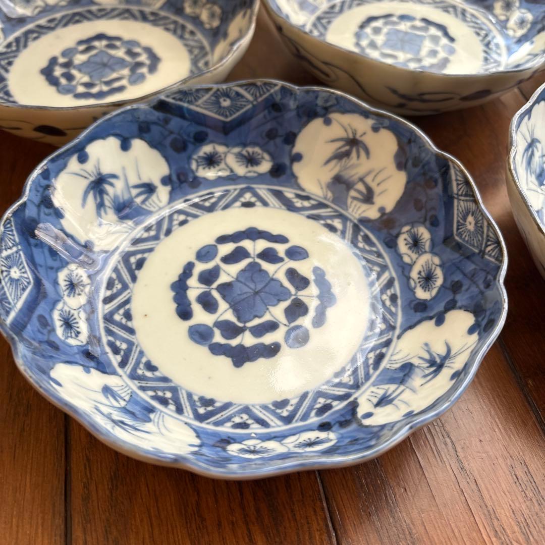 期間限定最終処分特価逸品古伊万里染付なます皿五枚吉祥柄大きめ味わい深いお品物傷無