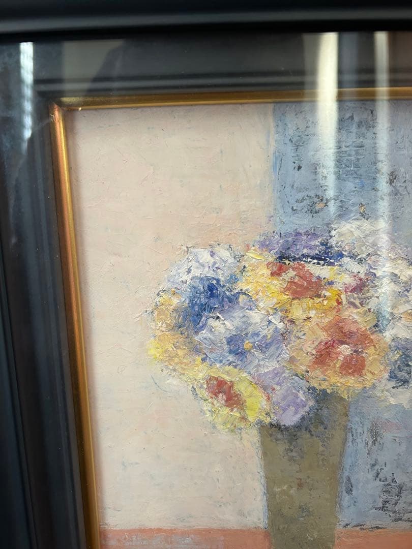 油彩画 辻みつ子「花瓶に生けた花」