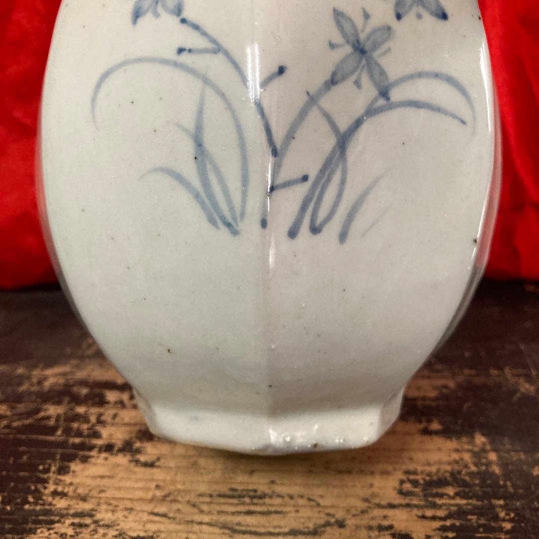 李朝　染付　面取瓶　徳利　秋草文