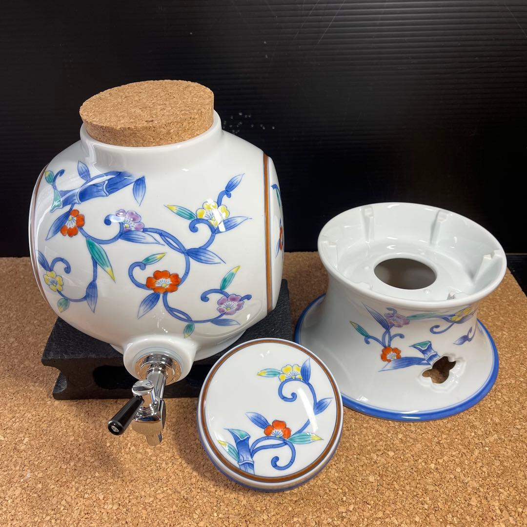 未使用】有田焼.華山萬右衛門窯 染錦枝花酒器/陶器製花枝保冷サーバーセット