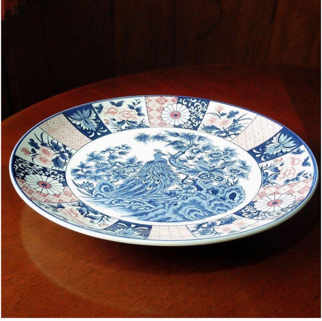 【新品 縁起物 ノベルティ】萬古窯 富永陶園 孔雀 大皿 尺ニ皿 新牡丹花鳥