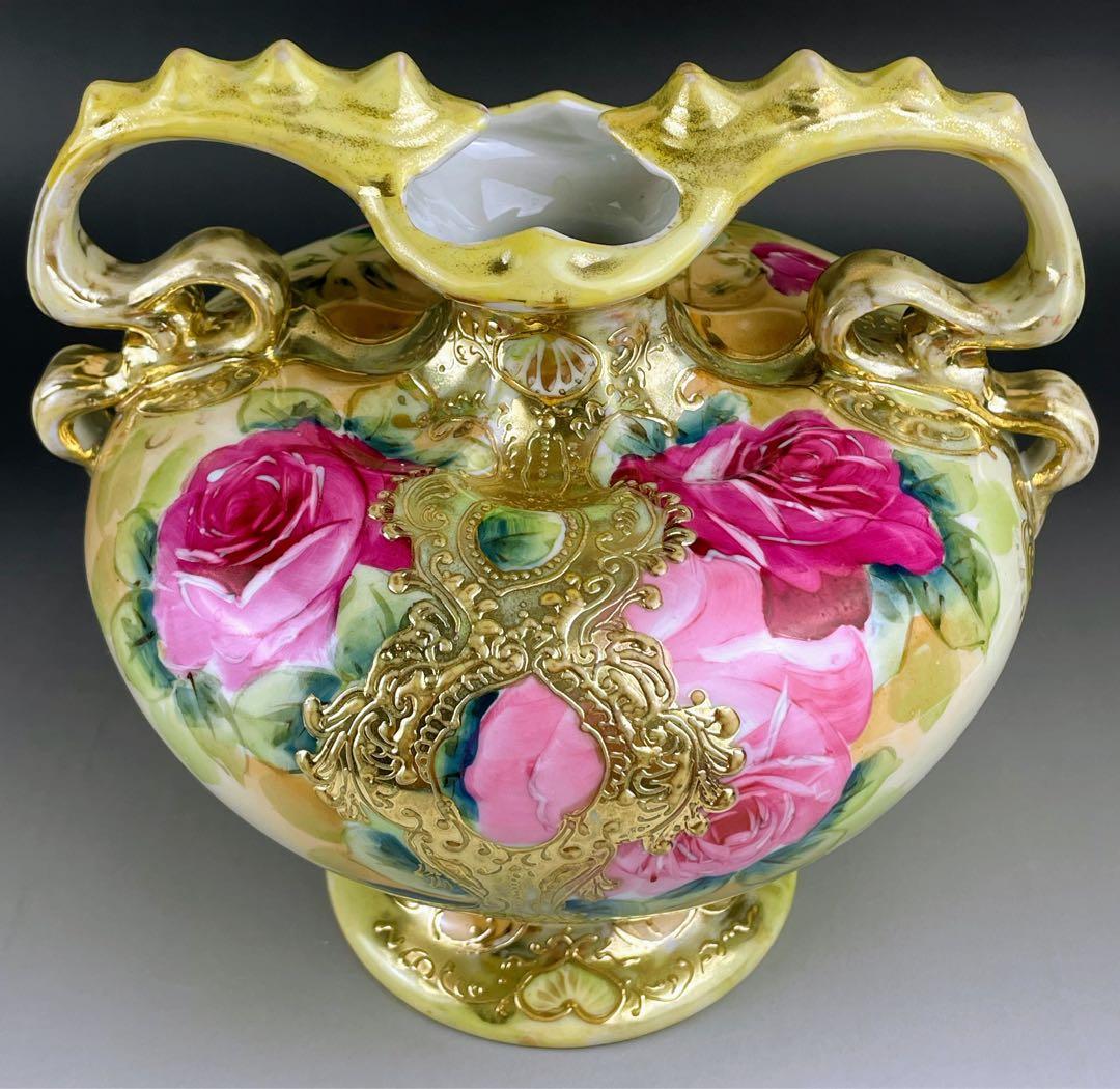 【大型】オールドニッポン 約２２cm アールヌーボー薔薇紋 花瓶 バラ