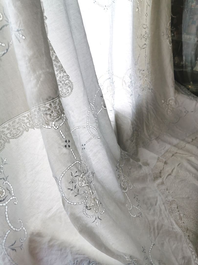 アンティーク ポワンドベニス オープンワーク水色刺繍 超大判クロス フィレレース