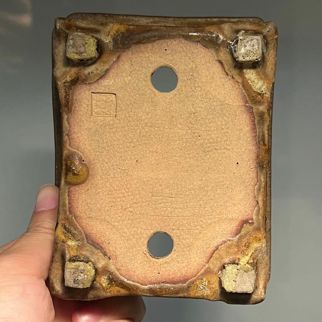 716.日本古鉢 飴釉長方鉢 盆栽鉢 植木鉢 13.6*10.8*5.2cm