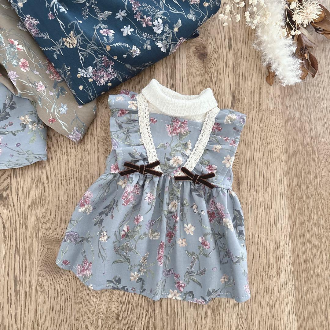 ハンドメイド　花柄ウール混ビエラプリントフリルワンピース　犬服