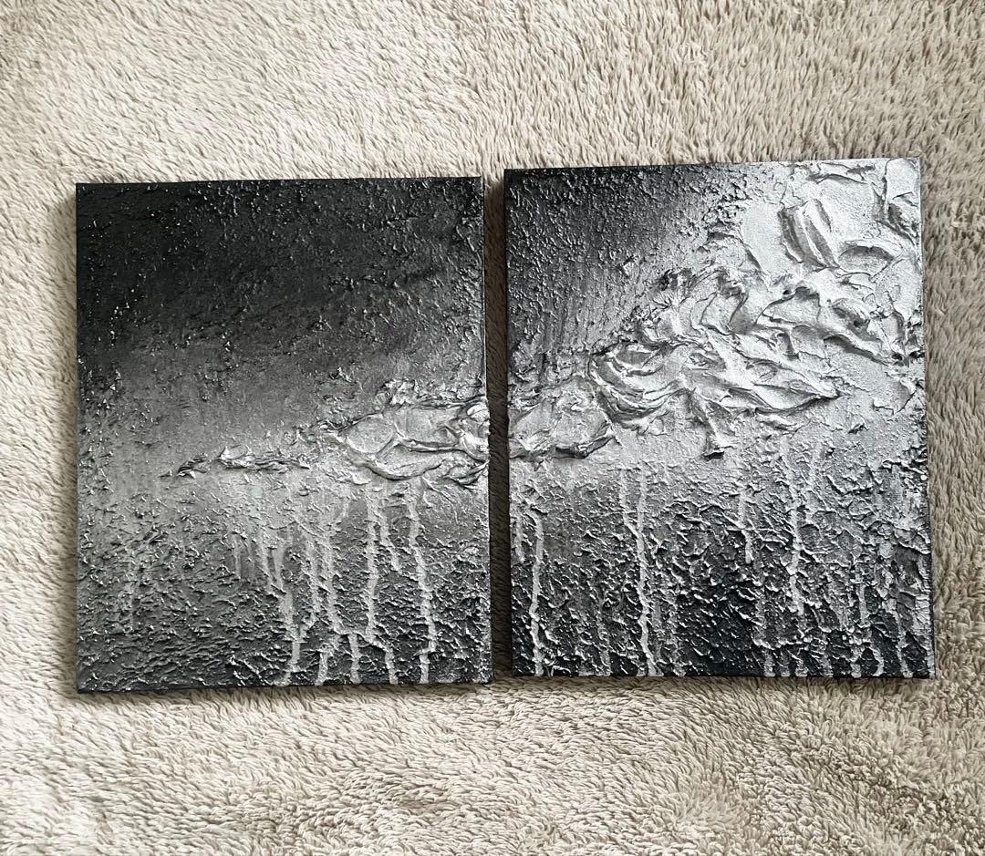 黒×シルバーの荒々しいストリート風テクスチャーアート 2枚組 F3
