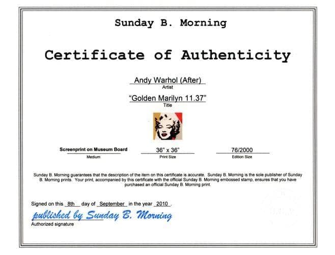 Sunday B/ゴールデンマリリン/限定2000枚/証明書/ウォーホル/額装済
