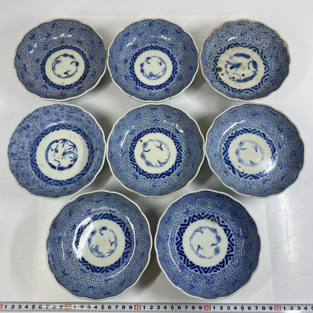 古伊万里　染付みじんこ膾皿16枚　木箱　幅14.8㎝東Y7-0314☆2Fトヒサ