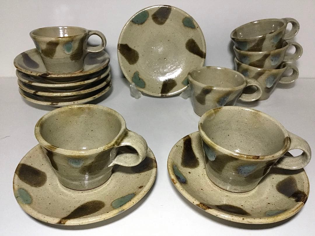 益子焼？◆カップ&ソーサー ７客◆民芸 デミタス 小皿 ぐい呑 コーヒーカップ