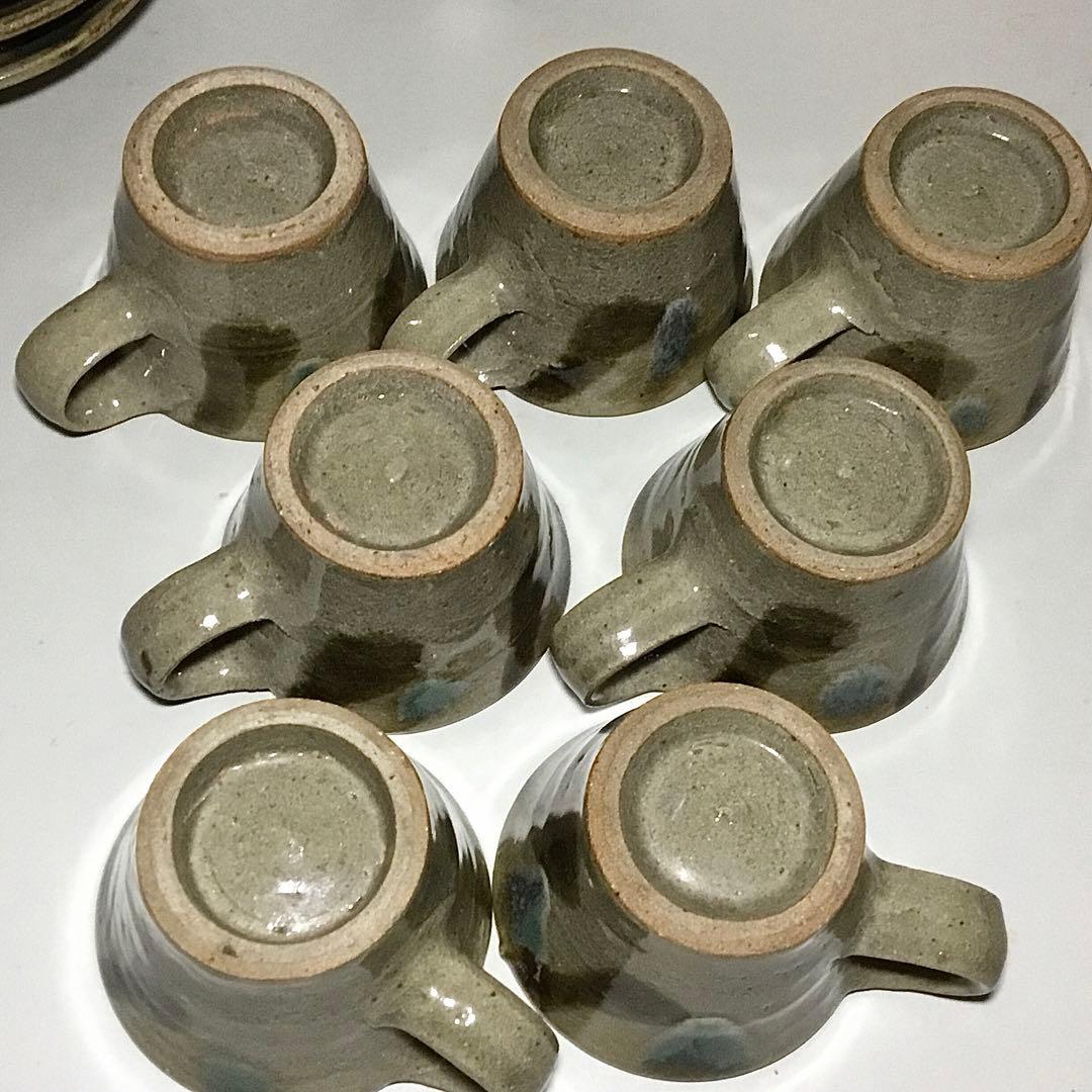 益子焼？◆カップ&ソーサー ７客◆民芸 デミタス 小皿 ぐい呑 コーヒーカップ