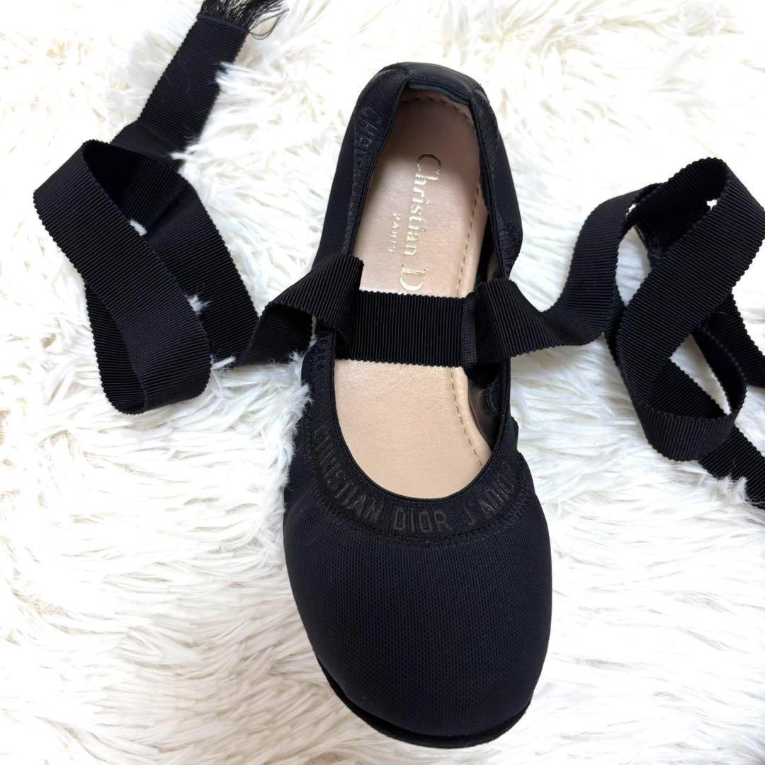 【新品同様】ディオール 　ロゴデザイン　リボン バレエ シューズ ブラック