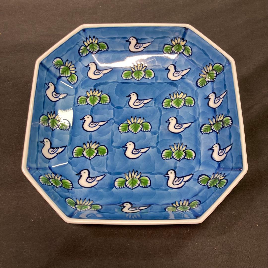 【新品未使用】源右衛門窯 方皿 染錦水鳥図 有田焼