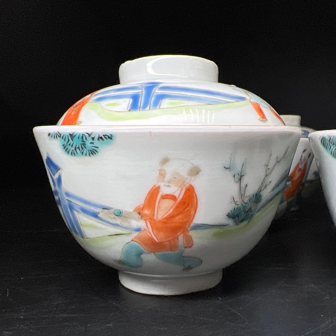 中国清時代　粉彩人物画蓋茶碗6客　木箱付　東Y8-0206☆2Fトコサ