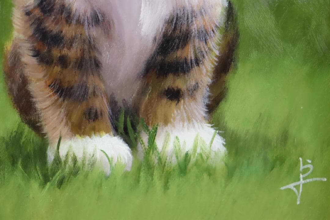 真作保証 長岡卓 「小さい秋」 油彩3号 可愛い猫画 リアリズム