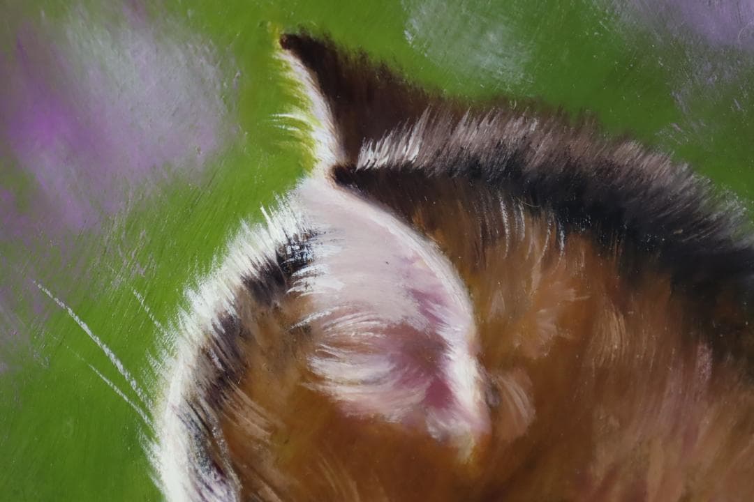 真作保証 長岡卓 「小さい秋」 油彩3号 可愛い猫画 リアリズム